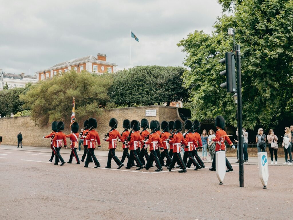 Royal guards marching near Buckingham Palace