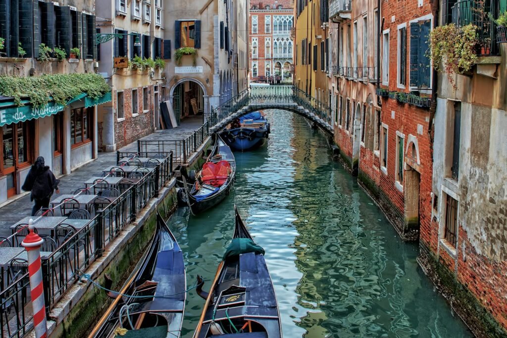 Gondolas moored on a Venetian canal