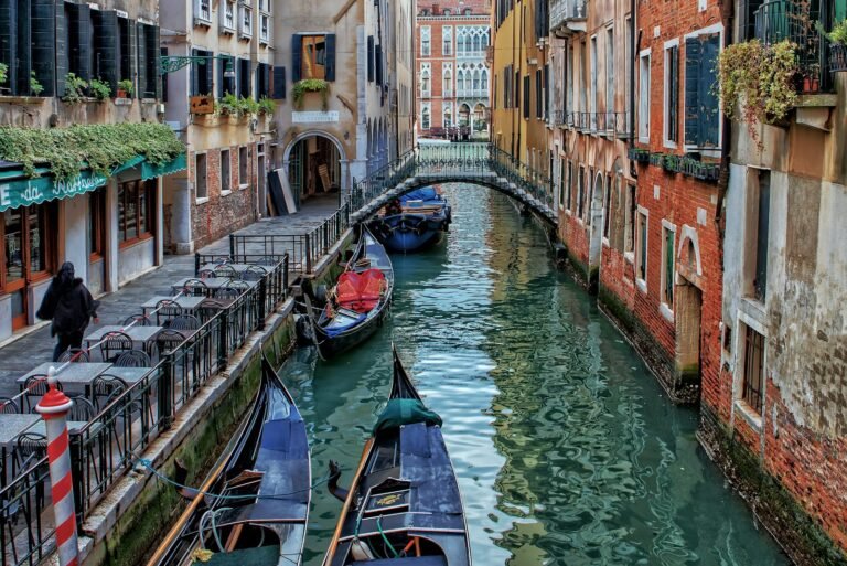 Gondolas moored on a Venetian canal